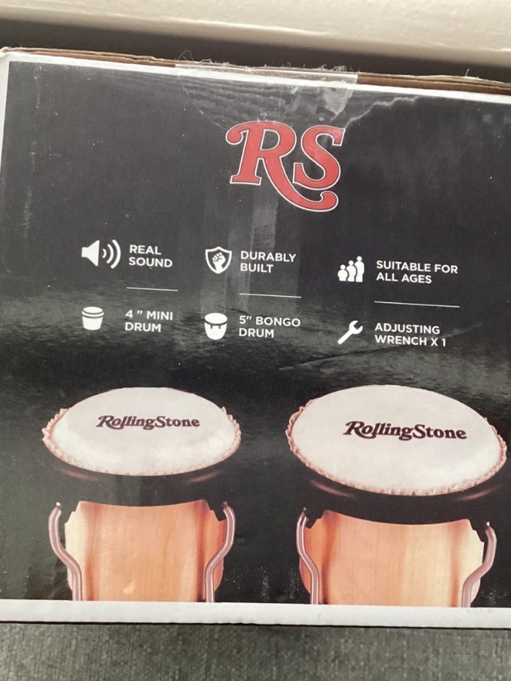 Rolling Stone Beginners Bongo Drum Set Tunable Wood 2 Diff Size Drums W/ Wrench - Picture 5 of 9